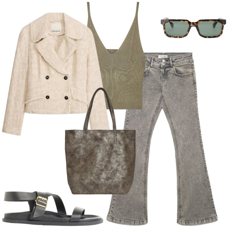 Outfit donna - City. Stile Casual per Tutti i giorni. Abbinamento con blazer, sandali, shopping bag, top, jeans a zampa, occhiali da sole.