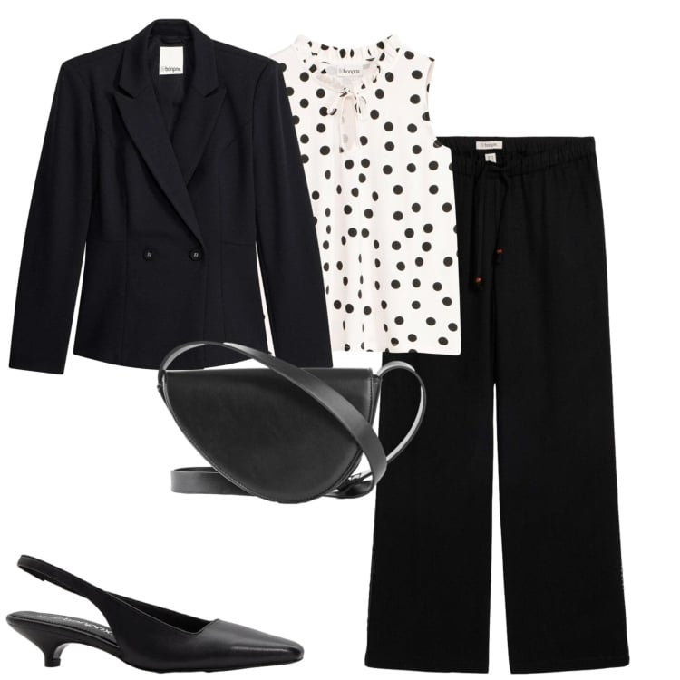 Outfit donna - Da mattina a sera. Stile Urban per Tutti i giorni. Abbinamento con canottiere, borse a tracolla, décolleté, blazer, pantaloni.