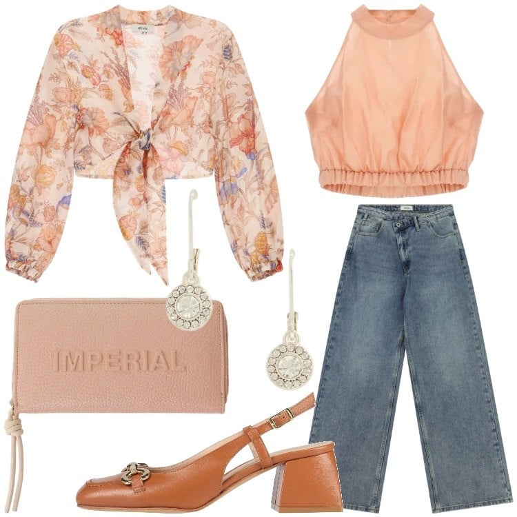 Outfit donna - Look da aperitivo primaverile. Stile Urban per Tutti i giorni. Abbinamento con décolleté, portafogli, top, bluse, jeans, orecchini.
