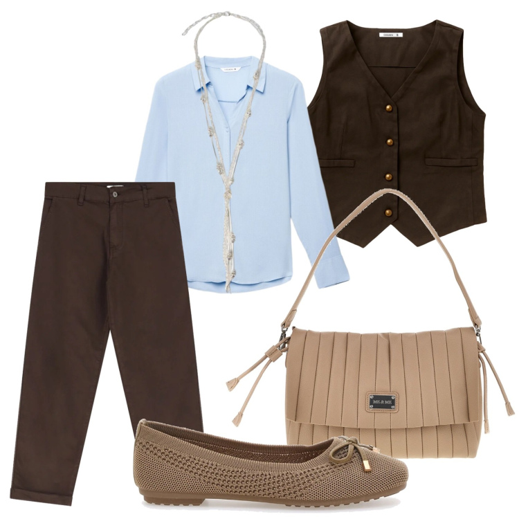 Outfit donna - Casual con le ballerine. Stile Casual chic per Tutti i giorni. Abbinamento con camicie, gilet, jeans, collane, ballerine, pochette.