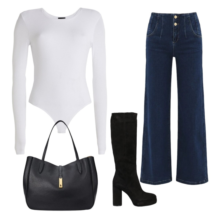 Outfit donna - BASIC spring. Stile Basic per Tutti i giorni. Abbinamento con body, stivali, jeans, borse tote.