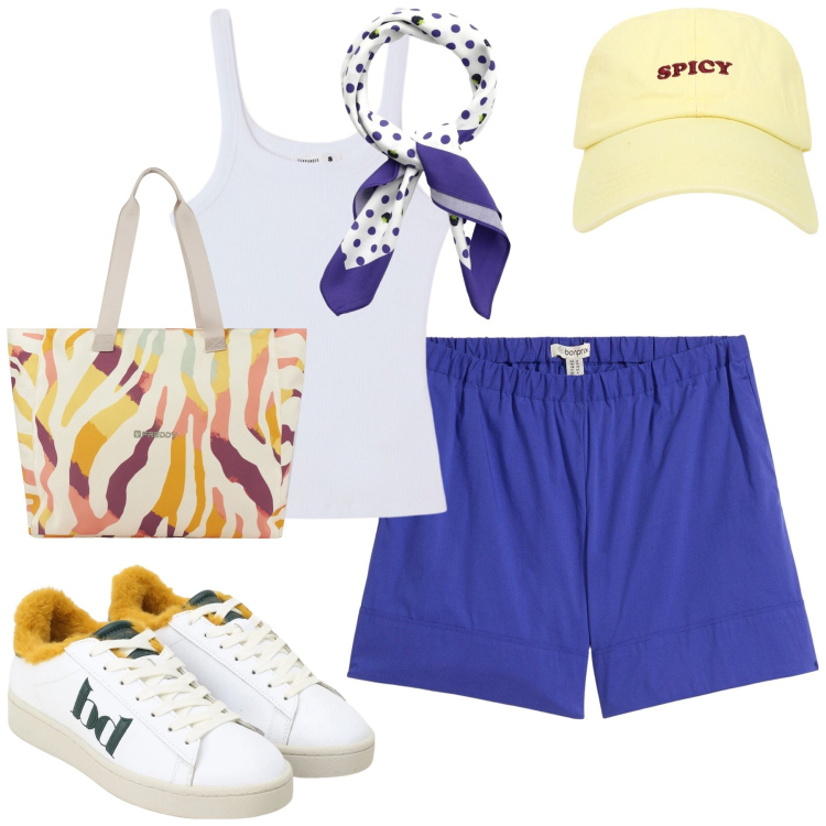 Outfit donna - Sportivw. Stile Casual per Tutti i giorni. Abbinamento con shorts, foulard, canottiere, cappelli con visiera, sneakers, shopping bag.
