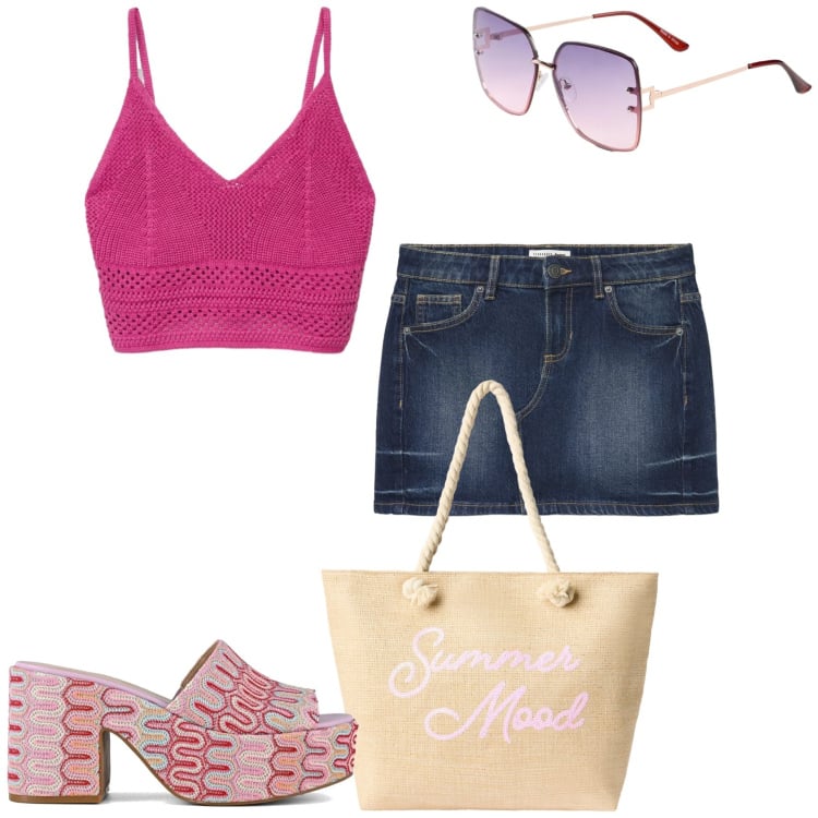 Outfit donna - Mare. Stile Casual per Tutti i giorni. Abbinamento con occhiali da sole, borse tote, minigonne, top, sabot.