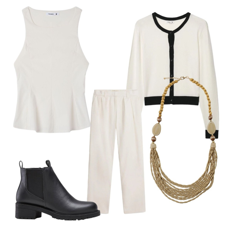 Outfit donna - City. Stile Minimal per Tutti i giorni. Abbinamento con pantaloni, stivaletti, cardigans, canottiere, collane.