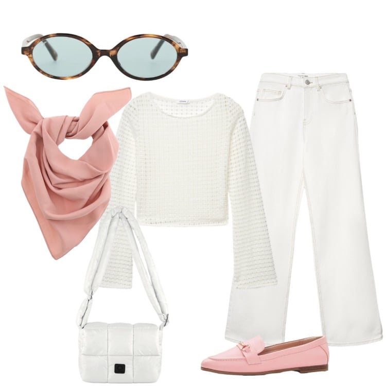 Outfit donna - In città. Stile Glamour per Tutti i giorni. Abbinamento con mocassini, jeans, maglieria, foulard, occhiali da sole, borse a spalla.