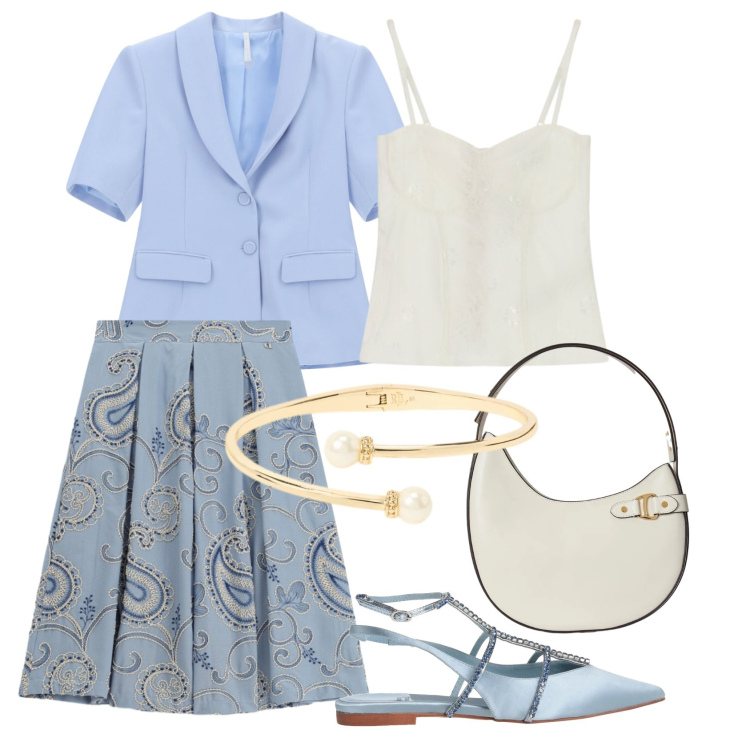 Outfit donna - Cerimonia di mattina. Stile Chic per Cerimonia. Abbinamento con ballerine, blazer, gonne longuette, top, borse a spalla, braccialetti.