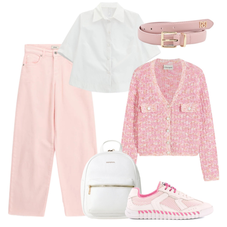 Outfit donna - Rosa in jeans - @laurafo. Stile Trendy per Tutti i giorni. Abbinamento con cardigans, camicie a manica corta, zaini, cinture, jeans, sneakers.