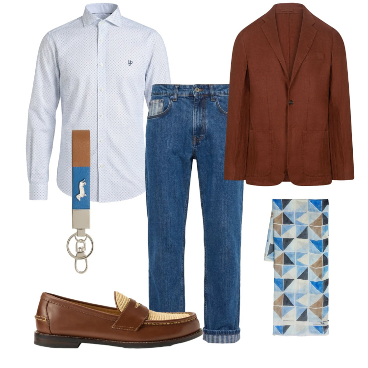 Outfit uomo - Serata di maggio. Stile Business/Elegante per Serata speciale. Abbinamento con portachiavi, sciarpe, jeans, camicie, giacche, scarpe stringate.