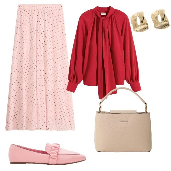 Outfit donna - bon ton con carattere. Stile Bon Ton per Ufficio. Abbinamento con mocassini, camicie, gonne, borse a secchiello, orecchini.