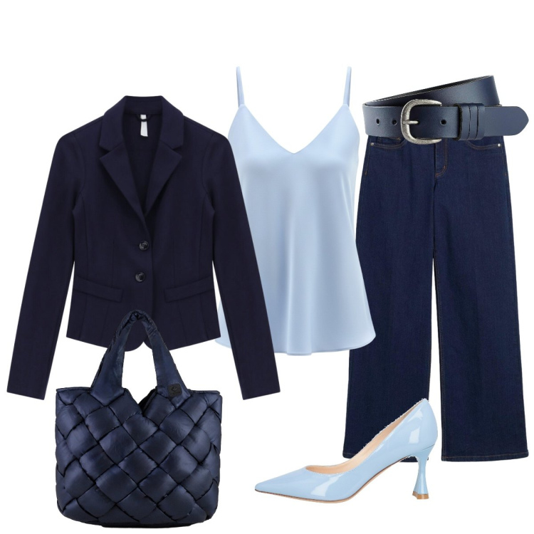 Outfit donna - Aperitivo con le amiche. Stile Glamour per Serata fuori. Abbinamento con décolleté, jeans dritti, cinture, blazer, top, borse tote.
