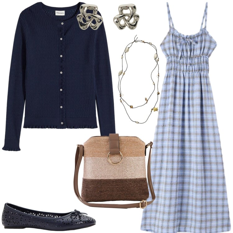 Outfit donna - Vintage vibes. Stile Vintage retrò per Tutti i giorni. Abbinamento con ballerine, borse a tracolla, cardigans, vestiti lunghi, orecchini, collane.
