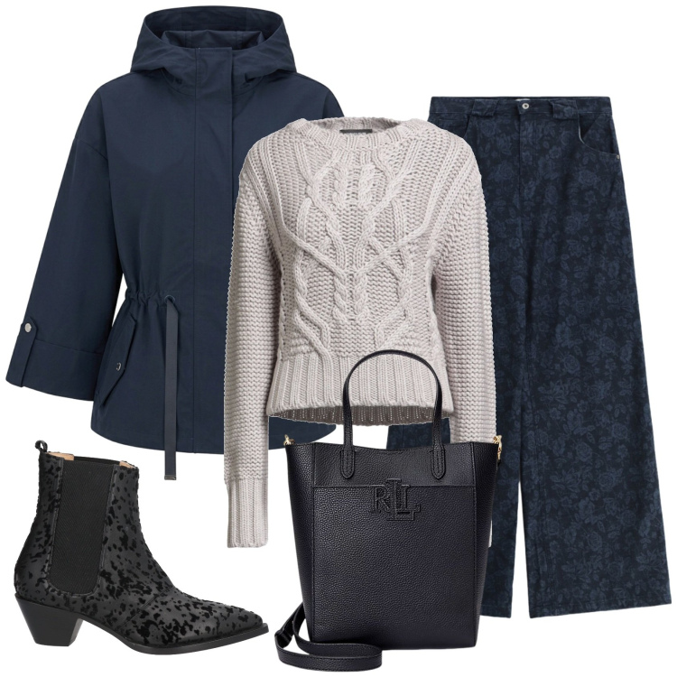 Outfit donna - Total look #2399210. Stile Basic per Ufficio. Abbinamento con stivaletti chelsea, pullovers, caban, jeans, borse tote.