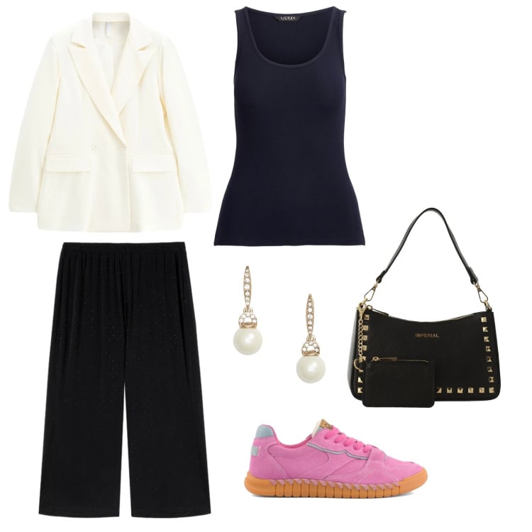 Outfit donna - Moderno con stile. Stile Casual per Ufficio. Abbinamento con borse a spalla, blazer, pantaloni, canottiere, orecchini, sneakers.