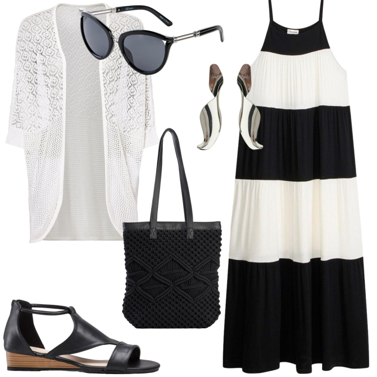 Outfit donna - Il bianco ed il nero. Stile Casual chic per Tutti i giorni. Abbinamento con sandali, cardigans, vestiti lunghi, occhiali da sole, shopping bag, orecchini.