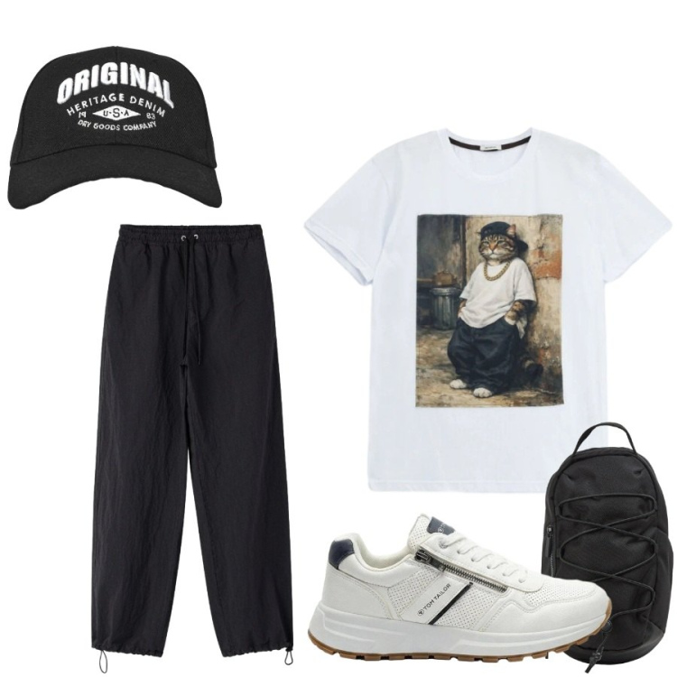 Outfit uomo - Total look #2399215. Stile Urban per Tutti i giorni. Abbinamento con sneakers, cappelli con visiera, borse sportive, pantaloni, t-shirt.