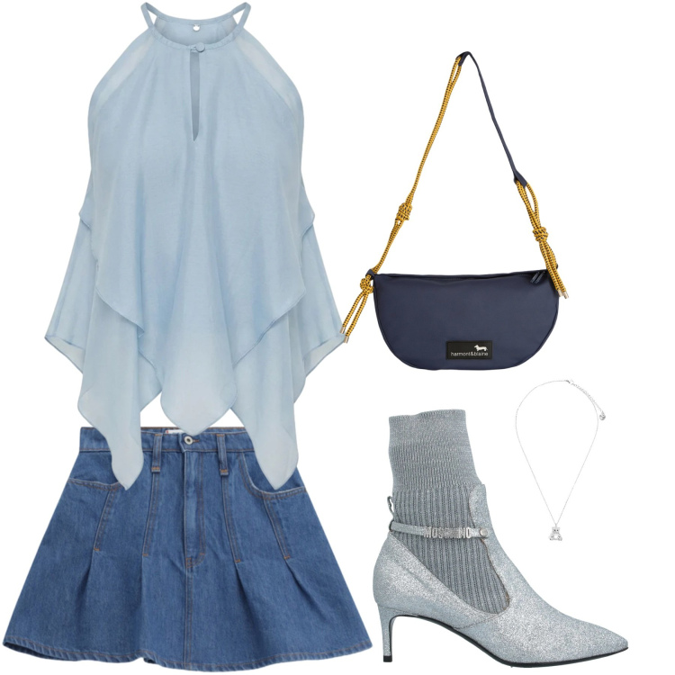 Outfit donna - In palette. Stile Trendy per Serata fuori. Abbinamento con stivaletti, borse a tracolla, minigonne, canottiere, ciondoli.