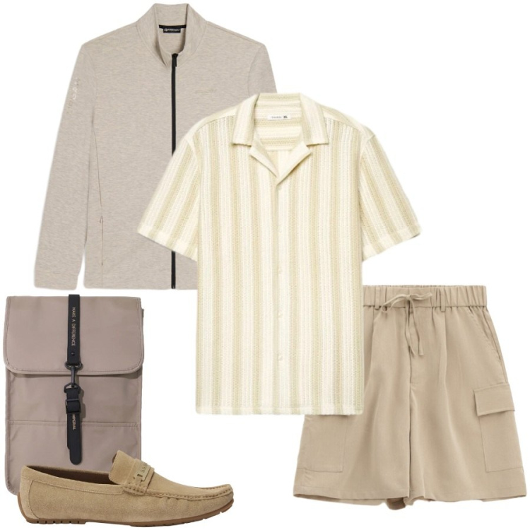 Outfit uomo - Total look #2399222. Stile Urban per Tutti i giorni. Abbinamento con camicie a manica corta, bermuda, borse sportive, scarpe stringate, felpe.