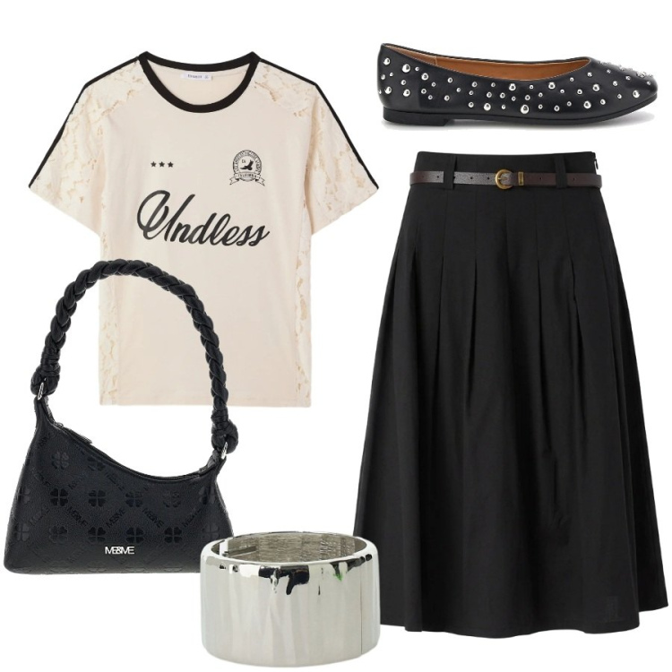 Outfit donna - Il ritorno delle ballerine. Stile Trendy per Serata fuori. Abbinamento con gonne longuette, t-shirt, braccialetti, ballerine, borse a mano.
