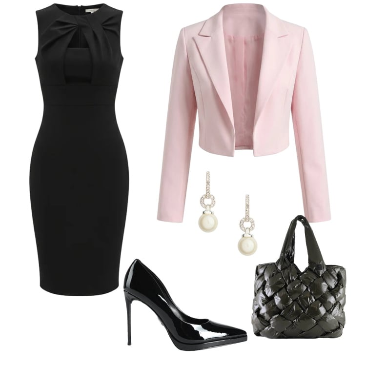 Outfit donna - Serata con tocco di rosa. Stile Romantica per Serata fuori. Abbinamento con décolleté, bolero, vestiti a tubino, borse tote, orecchini.