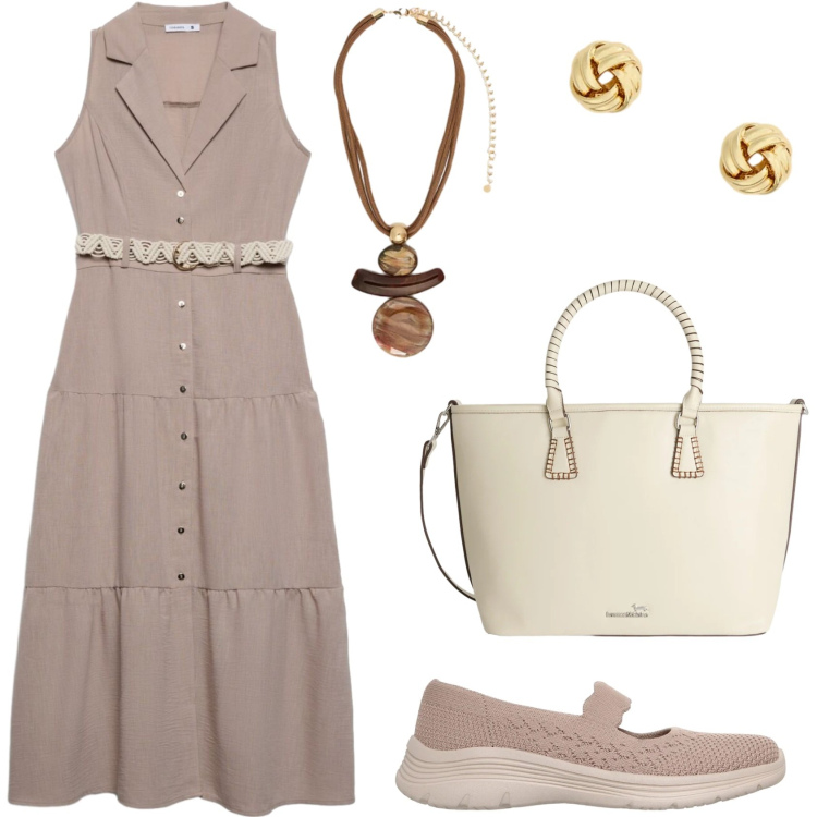 Outfit donna - Ballerine taupe. Stile Casual chic per Tutti i giorni. Abbinamento con vestiti chemisier, shopping bag, ciondoli, orecchini, ballerine.