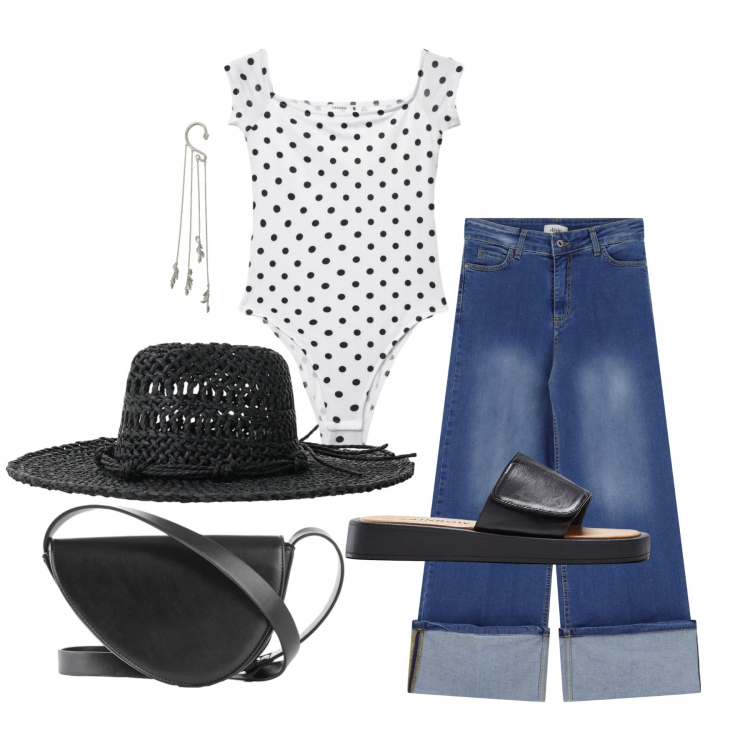 Outfit donna - Maggio. Stile Romantica per Tutti i giorni. Abbinamento con borse a tracolla, ciabatte, top, cappelli, jeans dritti, orecchini.