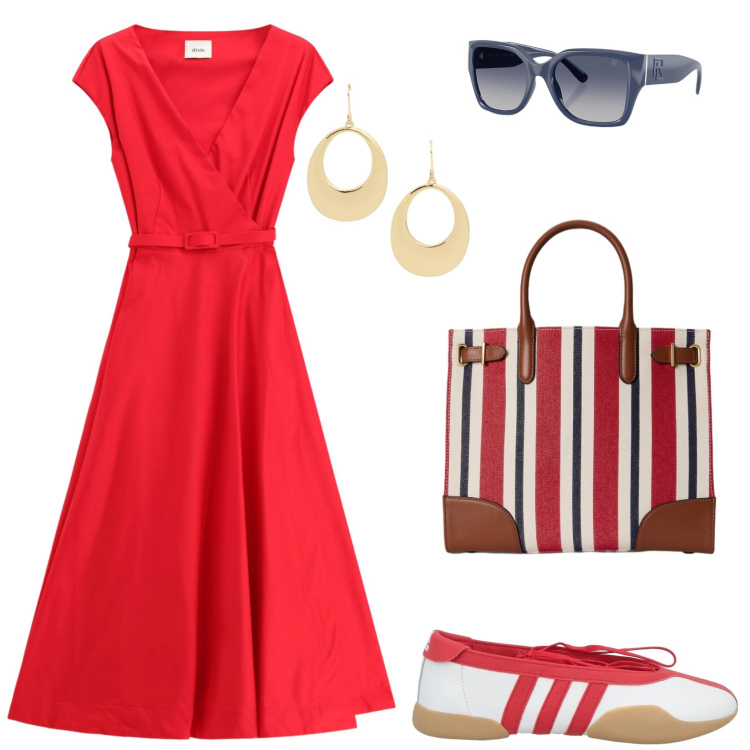 Outfit donna - Ballerine sportive. Stile Casual chic per Ufficio. Abbinamento con ballerine, vestiti midi/longuette, occhiali da sole, borse tote, orecchini.