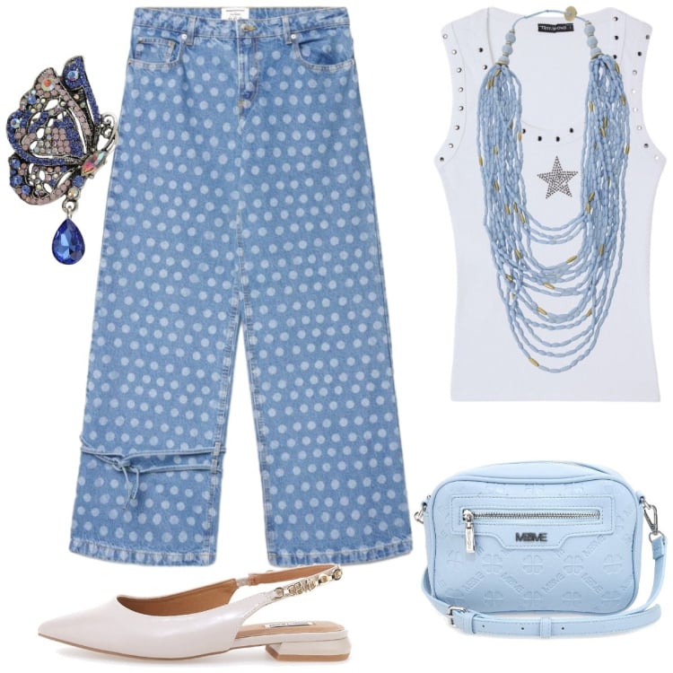 Outfit donna - Ballerine bianche. Stile Casual chic per Tutti i giorni. Abbinamento con jeans dritti, top, collane, ciondoli, ballerine, borse a tracolla.