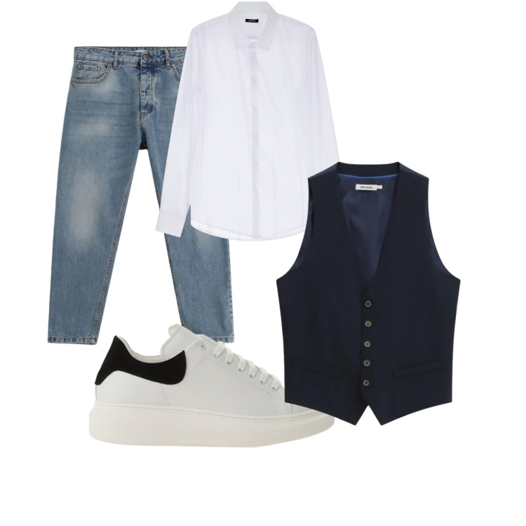 Outfit uomo - Passeggiando. Stile Casual per Tutti i giorni. Abbinamento con camicie, jeans, sneakers, gilet.