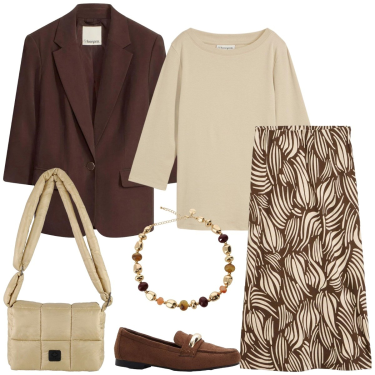 Outfit donna - In città. Stile Casual chic per Tutti i giorni. Abbinamento con gonne, maglieria, mocassini, blazer, collane, borse a spalla.