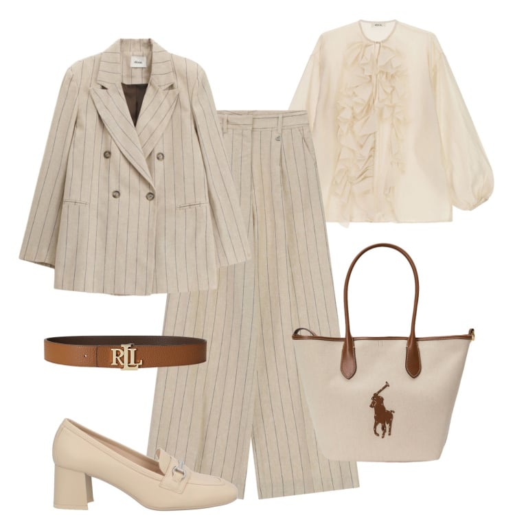Outfit donna - Completo per l’ufficio. Stile Glamour per Ufficio. Abbinamento con mocassini, pantaloni a palazzo, blazer, camicie, cinture, borse tote.