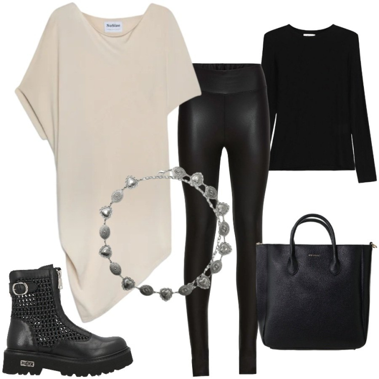 Outfit donna - Happy hour. Stile Urban per Serata fuori. Abbinamento con stivaletti, treggings, cinture, borse a tracolla, t-shirt, maglieria.