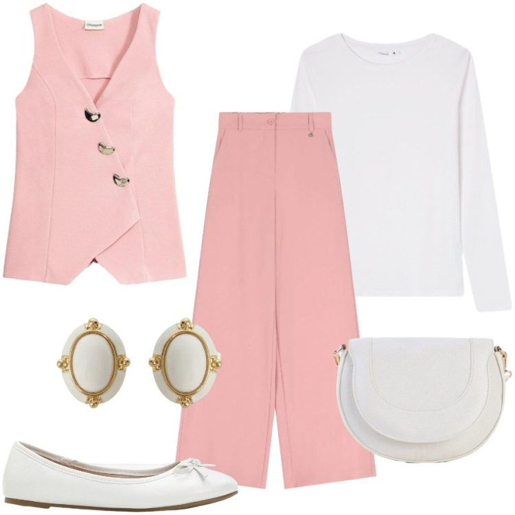 Outfit donna - Maggio in rosa. Stile Casual chic per Ufficio. Abbinamento con ballerine, borse a tracolla, blazer, t-shirt, pantaloni a palazzo, orecchini.