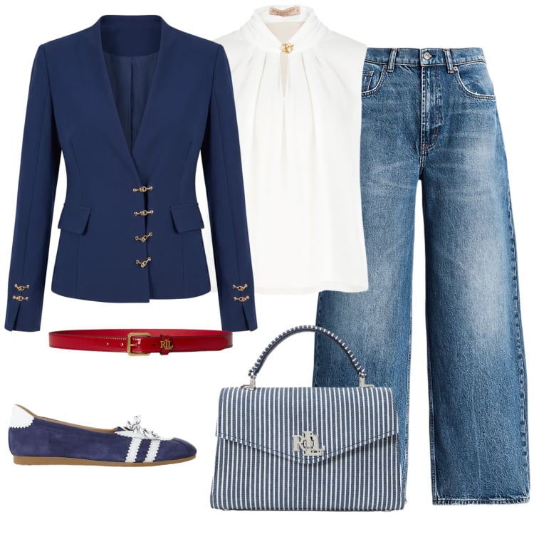 Outfit donna - Blu spring. Stile Casual chic per Tutti i giorni. Abbinamento con top, blazer, ballerine, jeans, borse a mano, cinture.