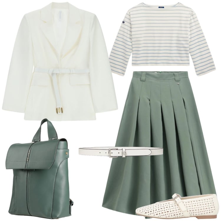 Outfit donna - Dinamica. Stile Casual chic per Tutti i giorni. Abbinamento con zaini, ballerine, blazer, gonne longuette, cinture, t-shirt.