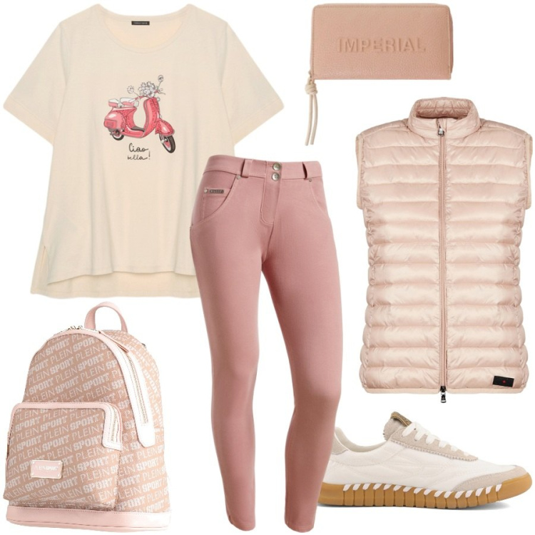 Outfit donna - Rosa cipria a maggio. Stile Casual chic per Scuola/Università. Abbinamento con zaini, portafogli, t-shirt, piumini, pantaloni skinny, sneakers.