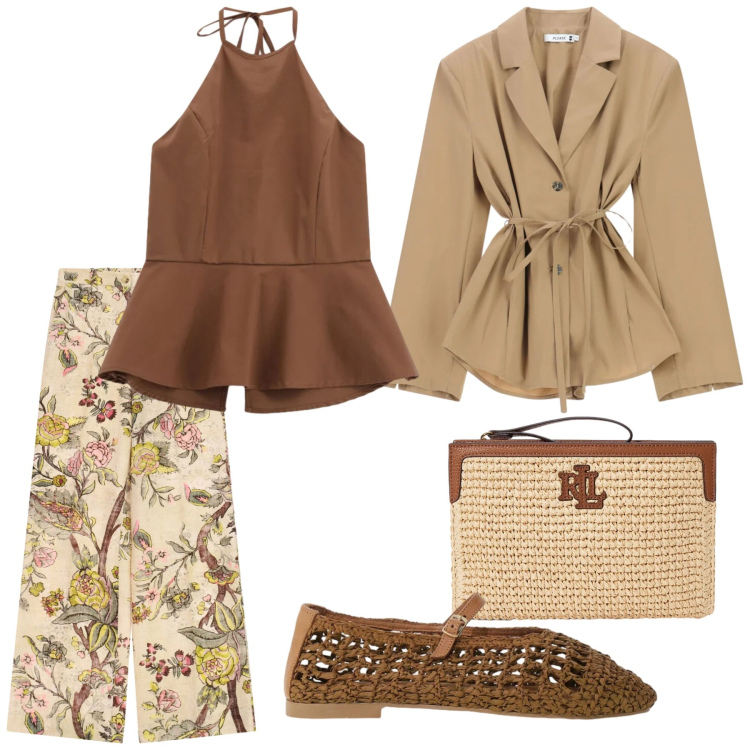 Outfit donna - Total look #2399266. Stile Glamour per Mare. Abbinamento con blazer, top, ballerine, pantaloni a palazzo, pochette.