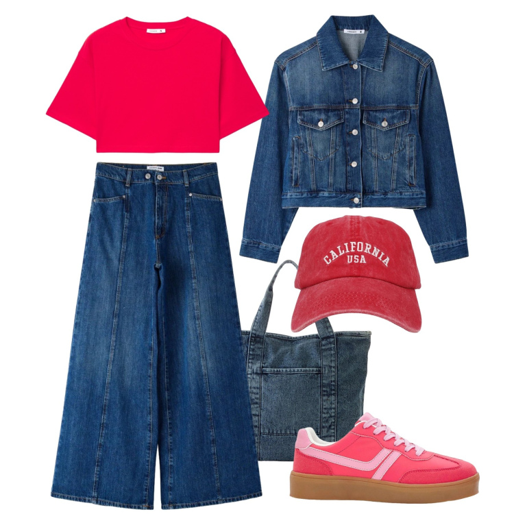 Outfit donna - Tempo libero in denim. Stile Casual per Tutti i giorni. Abbinamento con sneakers, shopping bag, cappotti, cappelli con visiera, jeans, t-shirt.