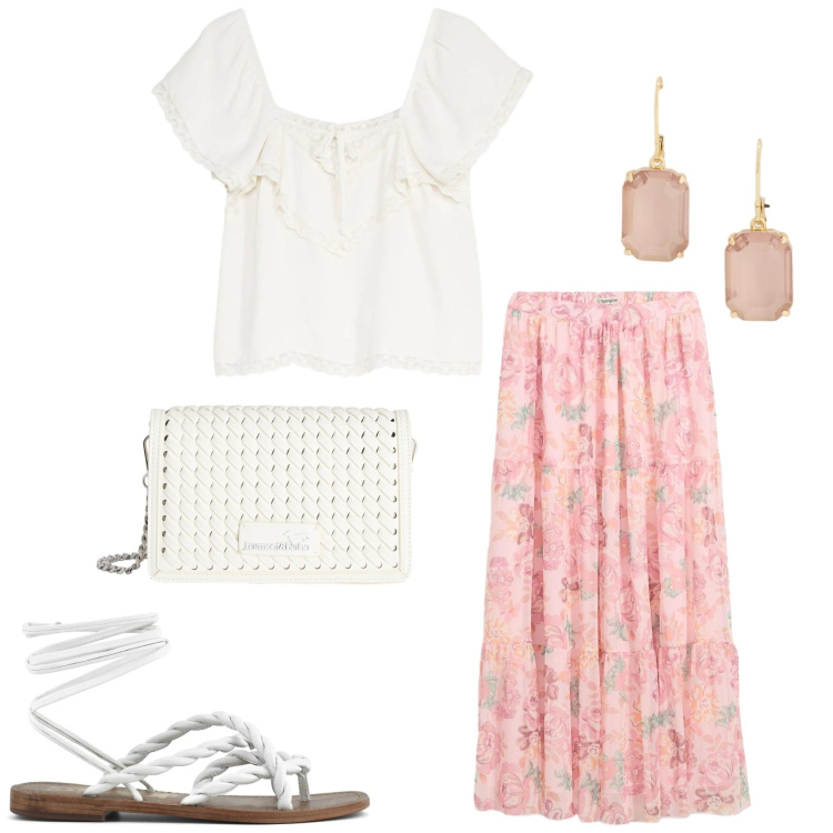 Outfit donna - Total look #2399271. Stile Romantica per Serata fuori. Abbinamento con gonne lunghe, canottiere, borse a tracolla, orecchini, sandali in pelle.