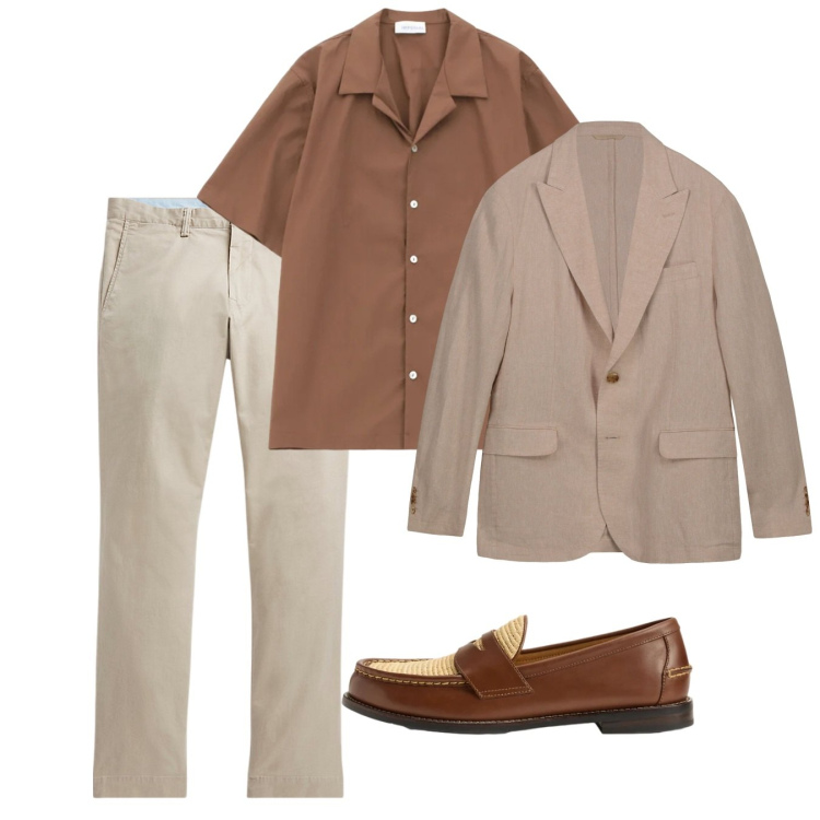 Outfit uomo - Tonalità sabbia e terra. Stile Casual per Tutti i giorni. Abbinamento con camicie a manica corta, giacche, pantaloni, scarpe stringate.