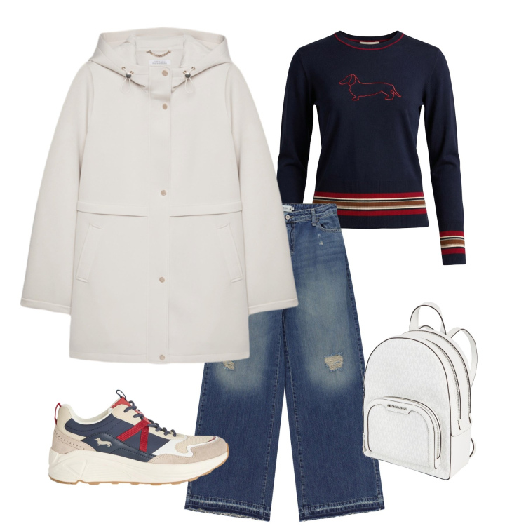 Outfit donna - Bianco rosso e blu. Stile Casual per Tutti i giorni. Abbinamento con zaini, sneakers, maglieria, jeans dritti, blazer.