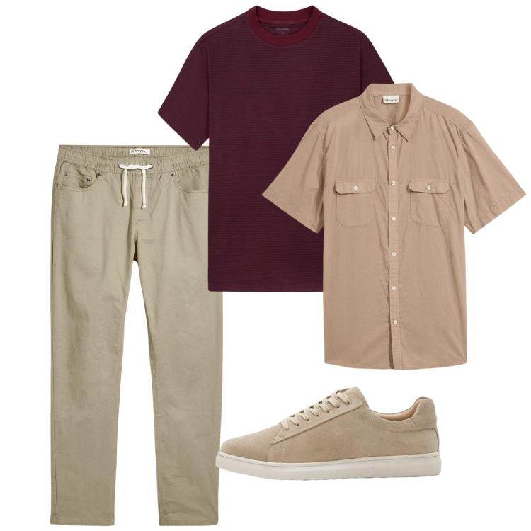 Outfit uomo - Tonalità sabbia e terra. Stile Casual per Tutti i giorni. Abbinamento con pantaloni, camicie a manica corta, sneakers, t-shirt.