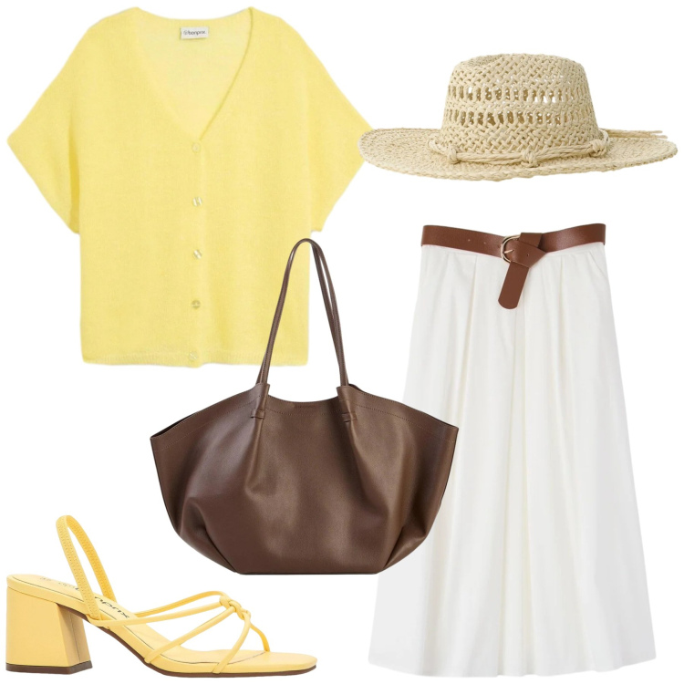 Outfit donna - Total look #2399276. Stile Trendy per Mare. Abbinamento con cardigans, sandali col tacco, shopping bag, gonne longuette, cappelli.