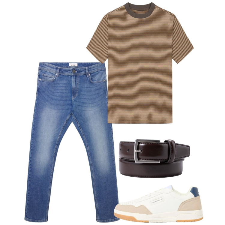 Outfit uomo - Maggio. Stile Casual per Tutti i giorni. Abbinamento con sneakers, jeans skinny, t-shirt, cinture.