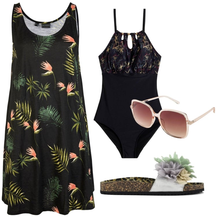 Outfit donna - Total look #2399280. Stile Minimal per Mare. Abbinamento con costumi interi, vestiti da spiaggia, occhiali da sole, ciabatte.