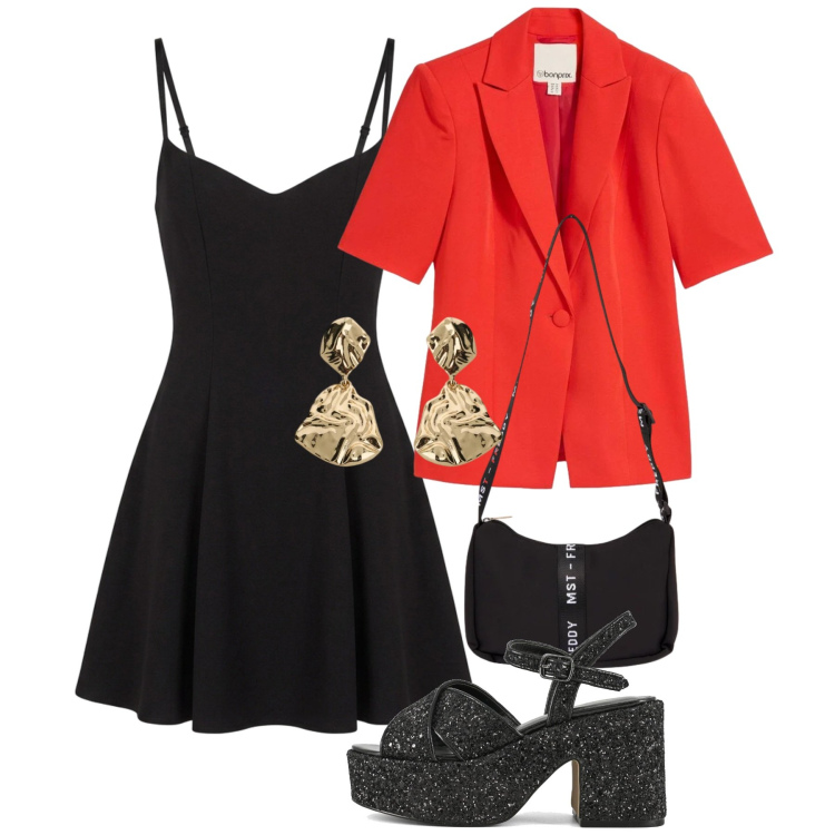 Outfit donna - Serata. Stile Chic per Serata fuori. Abbinamento con blazer, vestiti corti, orecchini, borse a tracolla, sandali.