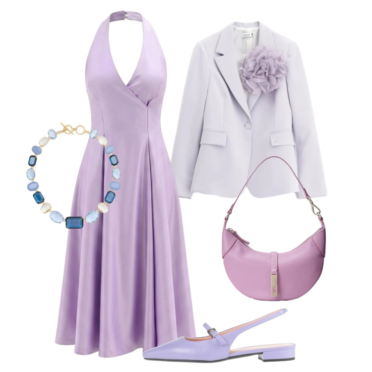 Outfit donna - Cerimonia sfumature lavanda. Stile Chic per Cerimonia. Abbinamento con ballerine, blazer, vestiti midi/longuette, borse a spalla, collane.