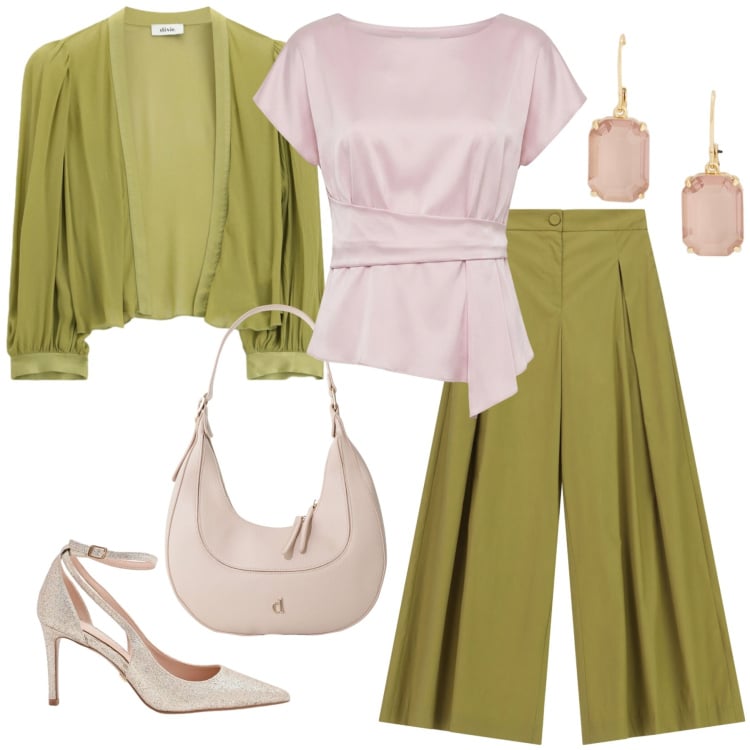 Outfit donna - May style. Stile Casual chic per Serata fuori. Abbinamento con pantaloni a palazzo, décolleté, bluse, borse a tracolla, blazer, orecchini.