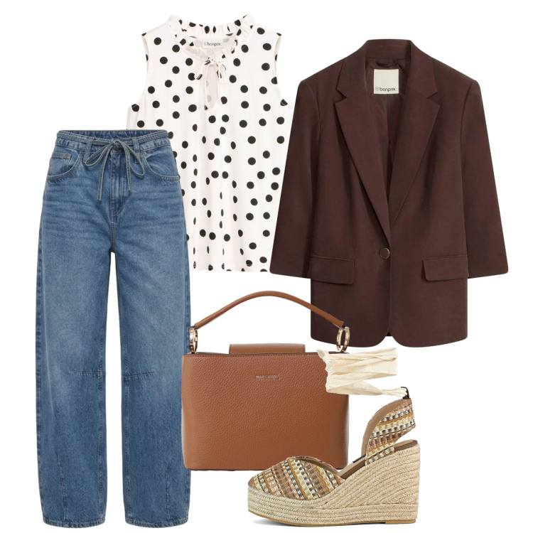 Outfit donna - Maggio. Stile Casual per Tutti i giorni. Abbinamento con canottiere, blazer, jeans, borse a secchiello, zeppe.