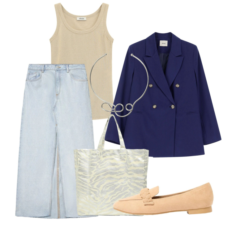 Outfit donna - Sabato. Stile Bon Ton per Tutti i giorni. Abbinamento con mocassini, gonne lunghe, shopping bag, blazer, collane, top.