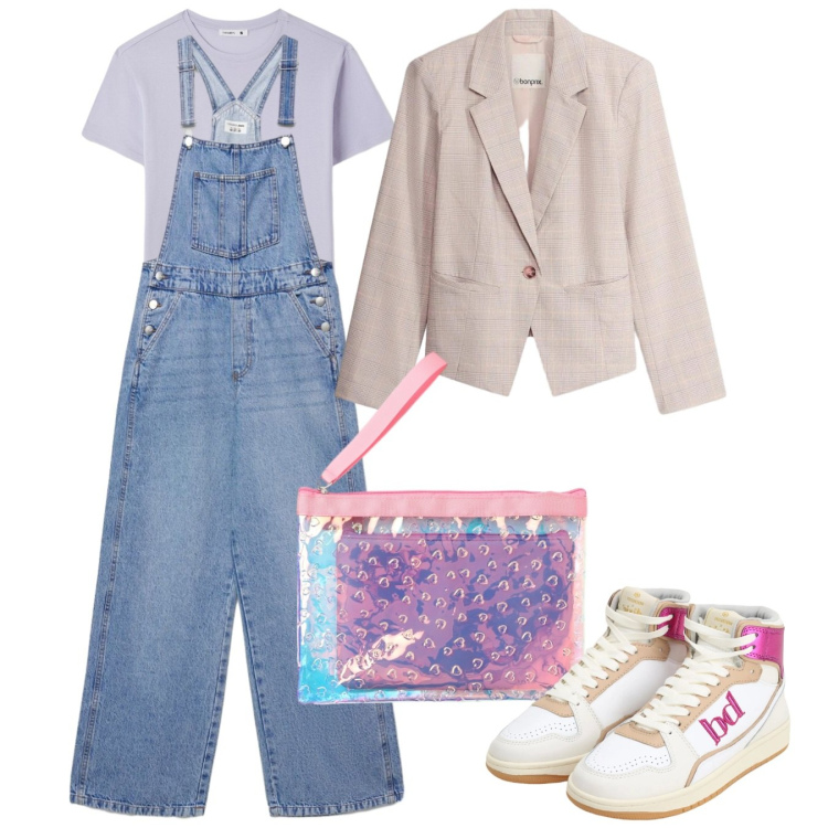 Outfit donna - Fine settimana. Stile Casual per Tutti i giorni. Abbinamento con blazer, pochette, salopette, t-shirt, sneakers alte.